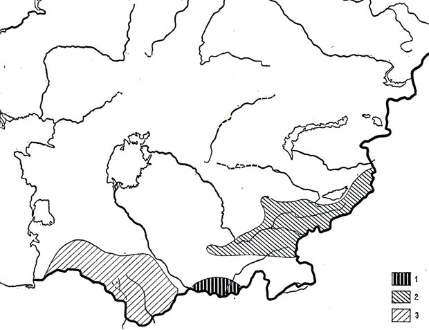 Карта 58. Черноглазчатая ящурка (1), ящурка Никольского (2) крапчатая ящурка (3)  