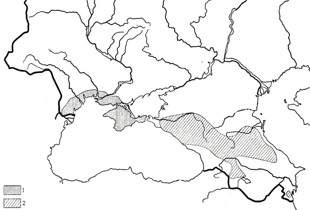 Карта 74. Крымская ящерица (1), луговая ящерица (2)