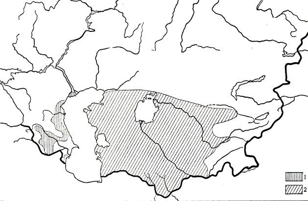 Карта 92. Закавказский полоз (1), поперечнополосатый полоз (2)