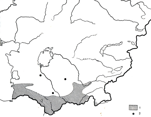 Карта 112. Среднеазиатская кобра (1), отдельные места нахождения (2)