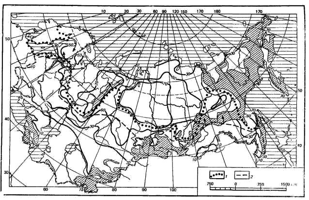 Средняя многолетняя высота снежного покрова, в сантиметрах   (по Рихтеру, 1948) и северные границы распространения косули (1) и кабана (2)