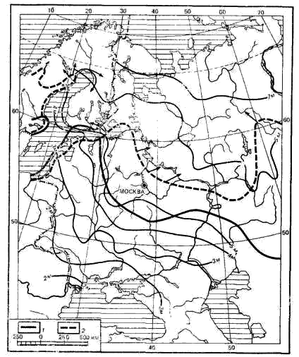 Средняя продолжительность наибольшего периода непрерывного   залегания; снежного покрова в месяцах (по Рихтеру, 1948) и северные   границы распространения хохлатого жаворонка (1) и косули (2)