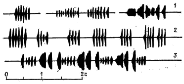 Осциллограммы призывного крика (7), сигнала тревоги (2) и весенней песни (3) хохлатой синицы (Parus cristatus).