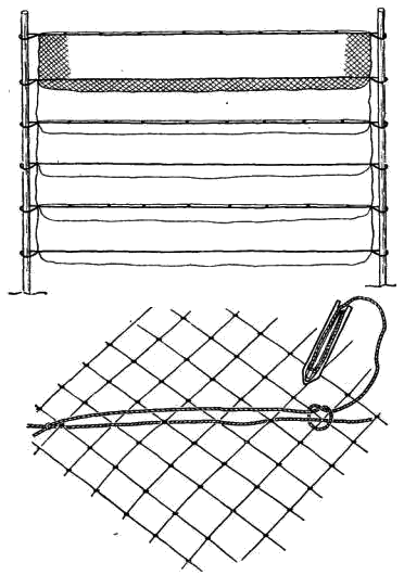 Изготовление ветровой блокады: вдоль каждого второго продольного шнура пропускается дополнительный шнур, который крепится на основном узлами.