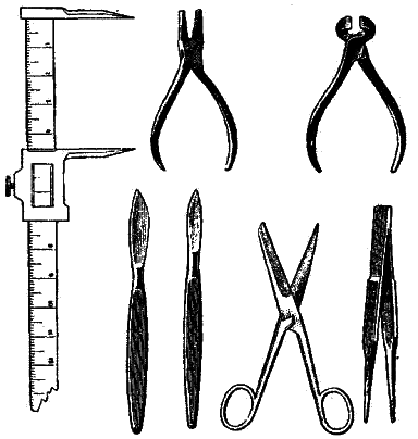 Инструменты для препаровки: штангенциркуль, плоскогубцы, острогубцы, скальпели, ножницы, пинцет